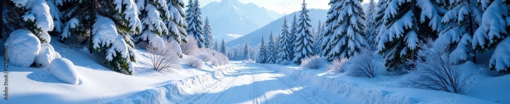 Snow-covered mountain road winding through forest, , alpine scenery, winter wonderland Snow-covered mountain road winding through forest, , alpine scenery, winter wonderland