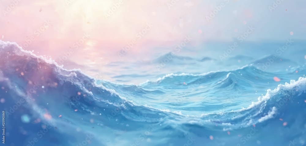 Fototapeta premium Calm blue water blurry texture background for copy space text, peaceful designs. Abstract ocean wave brushstrokes art for spring holidays, Mother Day, travel tourism. Pastel romantic paint banner