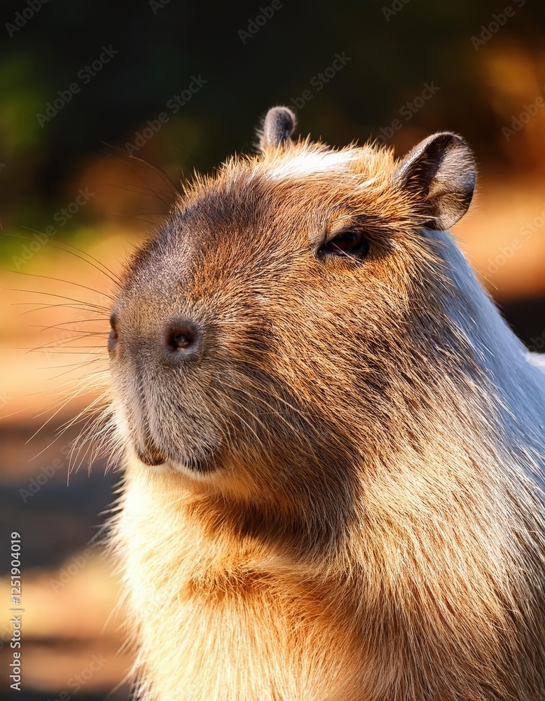 A close up of a happy capybara showcases its delightful smile and relaxed demeanor. The animal appears to be posing amid a serene backdrop of nature, radiating contentment A close up of a happy capybara showcases its delightful smile and relaxed demeanor. The animal appears to be posing amid a serene backdrop of nature, radiating contentment