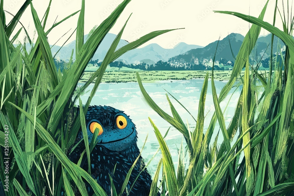 Blue creature with yellow eyes peeks through tall green grass Blue creature with yellow eyes peeks through tall green grass