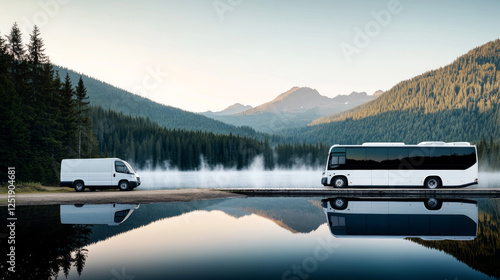 Two vehicles, one a van and the other a bus, are parked near a calm lake reflecting the majestic mountains at dawn. The mist rising from the water adds to the peaceful atmosphere
