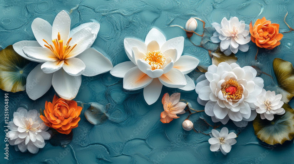 Elegant white and orange water lilies floating on textured turquoise water, serene nature scene. Elegant white and orange water lilies floating on textured turquoise water, serene nature scene.