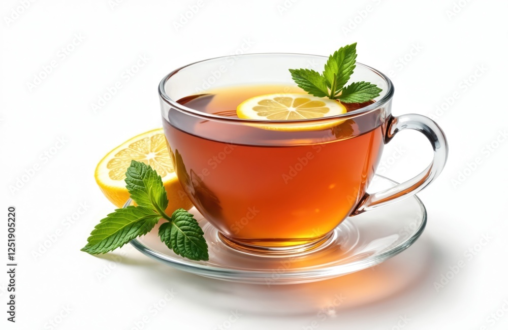 Lemon tea in transparent cup with lemon slice and mint leaves. Refreshing summer drink on white background. Healthy herbal beverage served hot or cold. Perfect for detox and diet. Lemon tea in transparent cup with lemon slice and mint leaves. Refreshing summer drink on white background. Healthy herbal beverage served hot or cold. Perfect for detox and diet.