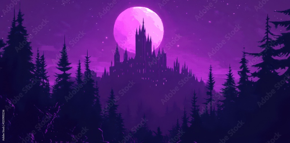 Dark silhouette of gothic castle under a bright full moon Dark silhouette of gothic castle under a bright full moon