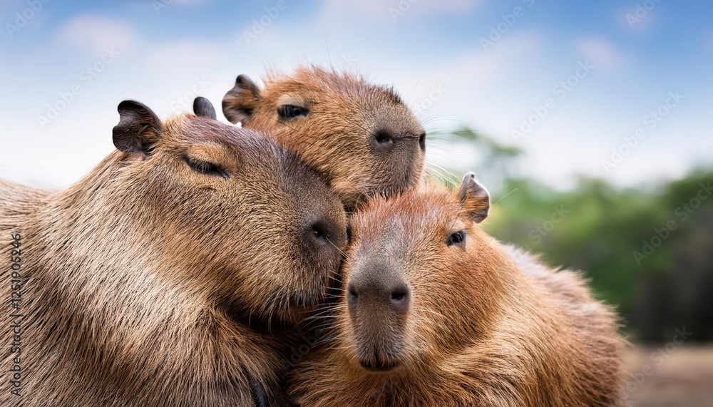 Several capybaras snugly huddle together, their fur beautifully blending as they enjoy each other's warmth in a tranquil outdoor environment Several capybaras snugly huddle together, their fur beautifully blending as they enjoy each other's warmth in a tranquil outdoor environment