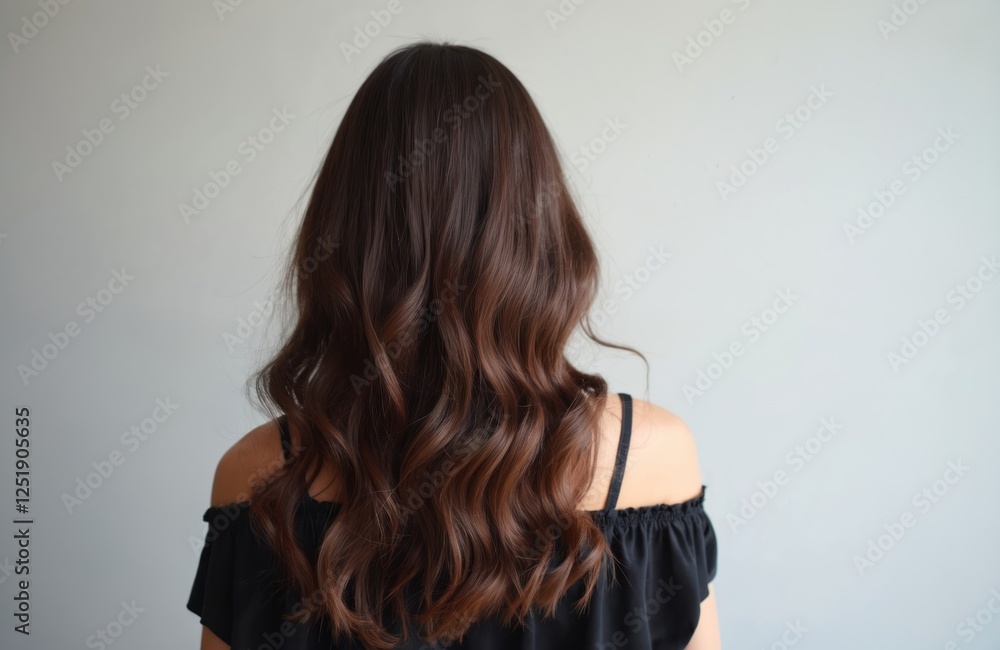 Obraz premium Rear view shows long wavy brunette hair of young woman against neutral background. It ideal for showcasing hair wellness treatments, beauty salon services, fashion or cosmetic ads.