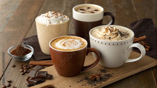 Wallpaper Mural Discovering delightful hot coffee variations served in cozy mugs with spices and toppings on a rustic wooden table during a chilly afternoon Torontodigital.ca