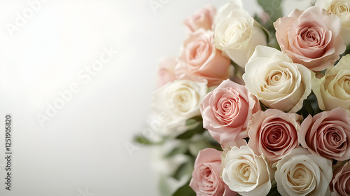 un ramo de rosas en colores pastel adornando y decorativo sobre un fondo blanco con espacio de copia concepto de dia de la madre o boda para celebracion