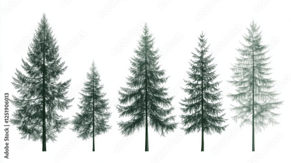 Obraz premium Evergreen trees of varying heights, isolated on white background, nature illustration, for design