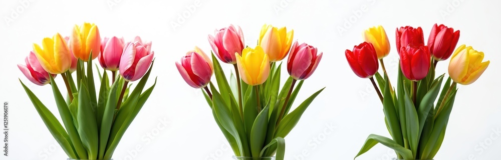 Three spring tulip flowers bouquet set of yellow, red, pink colors with vibrant green leaves. Floral arrangement for wedding, celebration in garden. Romance, growth blossom on white backdrop. Three spring tulip flowers bouquet set of yellow, red, pink colors with vibrant green leaves. Floral arrangement for wedding, celebration in garden. Romance, growth blossom on white backdrop.