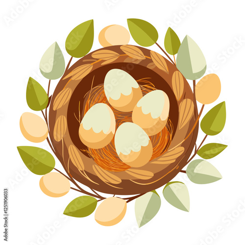 A collection of chicken eggs rests peacefully in a bird nest, encircled by delicate green leaves. This top view reveals the harmony of nature, emphasizing organic elements