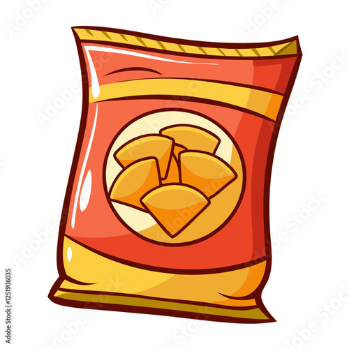 Brightly colored cartoon illustration of a chip bag, prominently featuring a circular design with golden crispy chips inside. The package showcases a playful artistic style