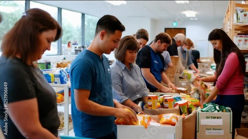 Dedicated volunteers come together at a community food bank to sort and pack nutritious food items for families in need during a weekday afternoon