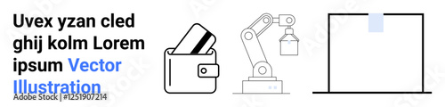 Robotic arm, wallet with card, simplistic box, accompanied by text. Ideal for automation, robotics, finance, minimalism industry tech design modern applications. Landing page