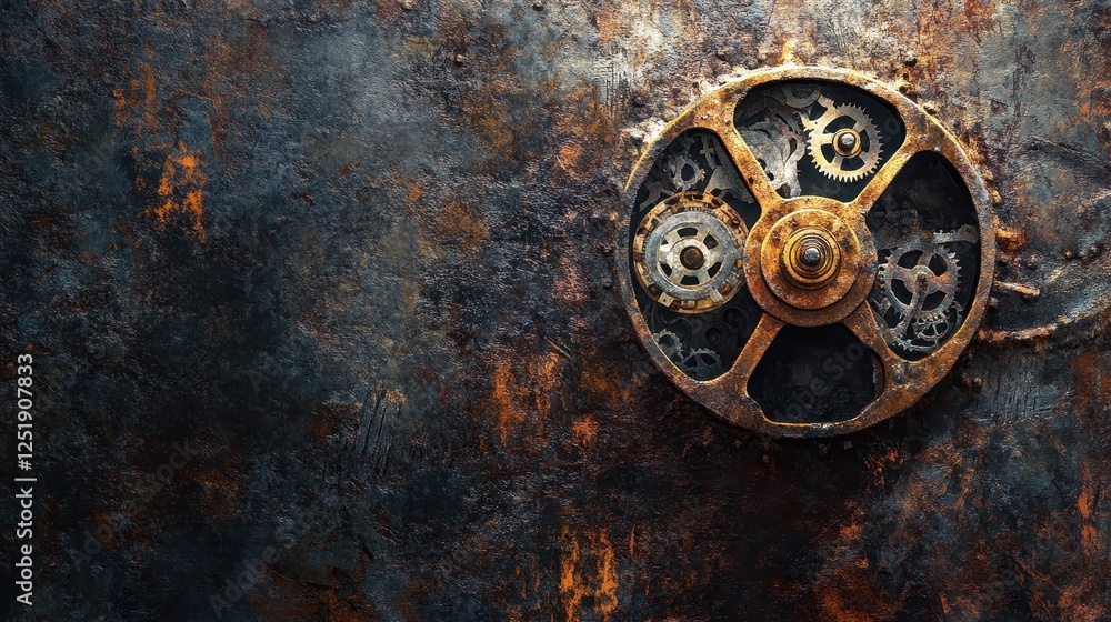Obraz premium Rusting gears and mechanical parts form a textured steampunk aesthetic