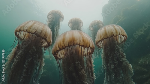 Group of jellyfish swimming in deep ocean water with sunlight filtering through