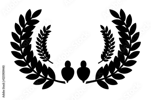 Set black silhouette circular laurel foliate, wheat and oak wreaths depicting an award, achievement, heraldry, nobility on white background