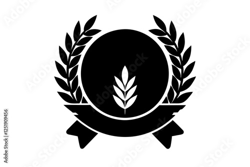 Set black silhouette circular laurel foliate, wheat and oak wreaths depicting an award, achievement, heraldry, nobility on white background
