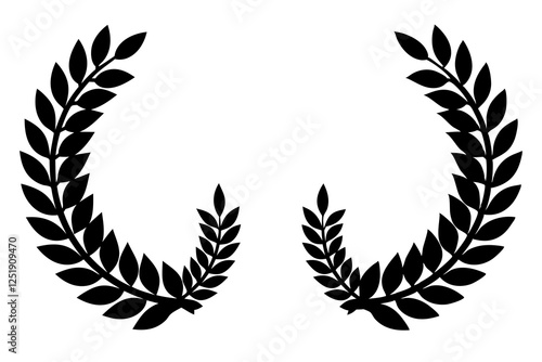 Set black silhouette circular laurel foliate, wheat and oak wreaths depicting an award, achievement, heraldry, nobility on white background