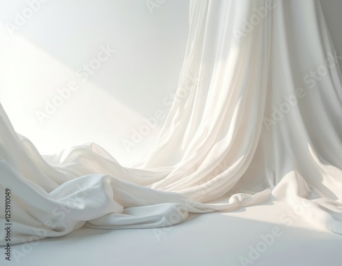 White silk fabric drapes against white background creating soft tranquil scene. Elegant flowing material texture. Calming luxurious smooth design element for fashion, wedding, bridal themes.