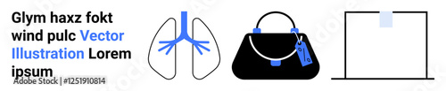 Medical lungs outline, black handbag with blue tag, and sticky note outline. Ideal for health, fashion, organization, education, branding, retail poster design flat landing page banner