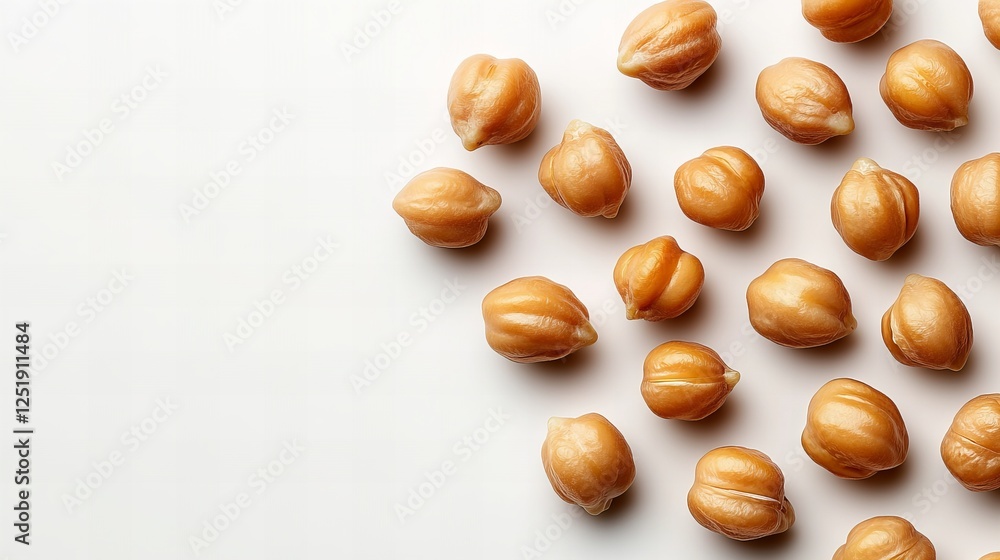 Close-up of chickpeas scattered on a white background. The warm, earthy tones of the chickpeas stand out against the clean backdrop. Close-up of chickpeas scattered on a white background. The warm, earthy tones of the chickpeas stand out against the clean backdrop.