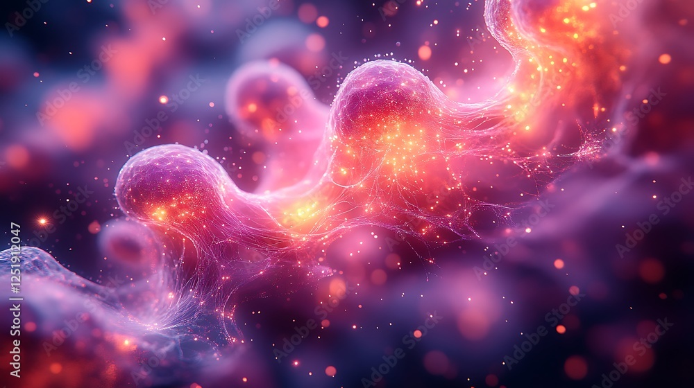 Sci-fi inspired rendering of micro-organisms transmitting signals through a glowing web Sci-fi inspired rendering of micro-organisms transmitting signals through a glowing web