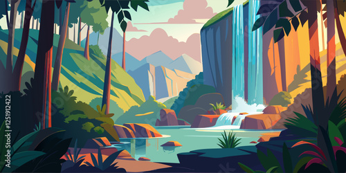 Serene Jungle Scene with Cascading Waterfall and Vibrant Foliage.
