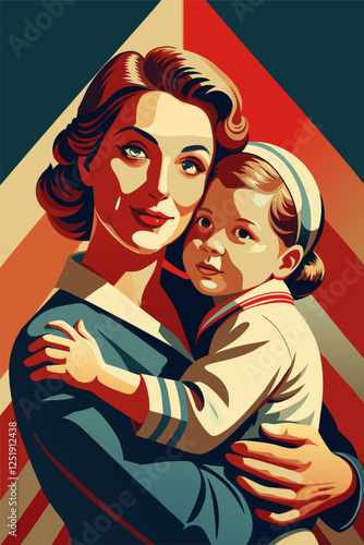 Heartwarming Retro Illustration of Mother and Child Embrace.