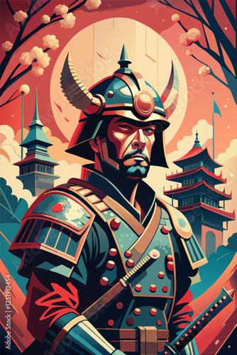 Imposing Samurai in Ornate Armor with Pagodas in Japanese Countryside.