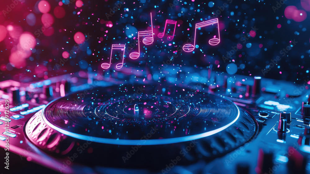 Close-up view of DJ turntable with holographic musical notes in vibrant cyberpunk setting Close-up view of DJ turntable with holographic musical notes in vibrant cyberpunk setting