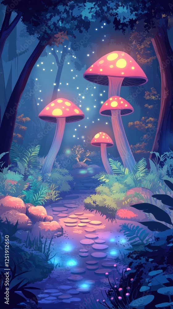 Fototapeta premium Enchanted forest path with glowing mushrooms and fairy lights