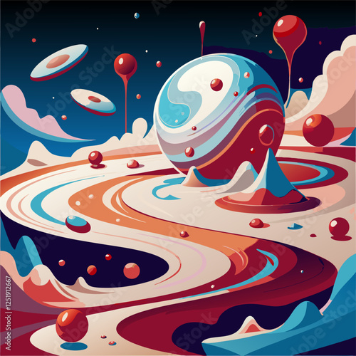 Abstract cosmic landscape with swirling colors and floating spheres.