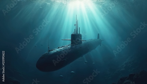 Illustration of military submarine diving underwater. Nuclear ship submerges quietly under calm sea surface. Naval vessel travels ocean on stealth mission. Powerful navy boat with missiles underwater.