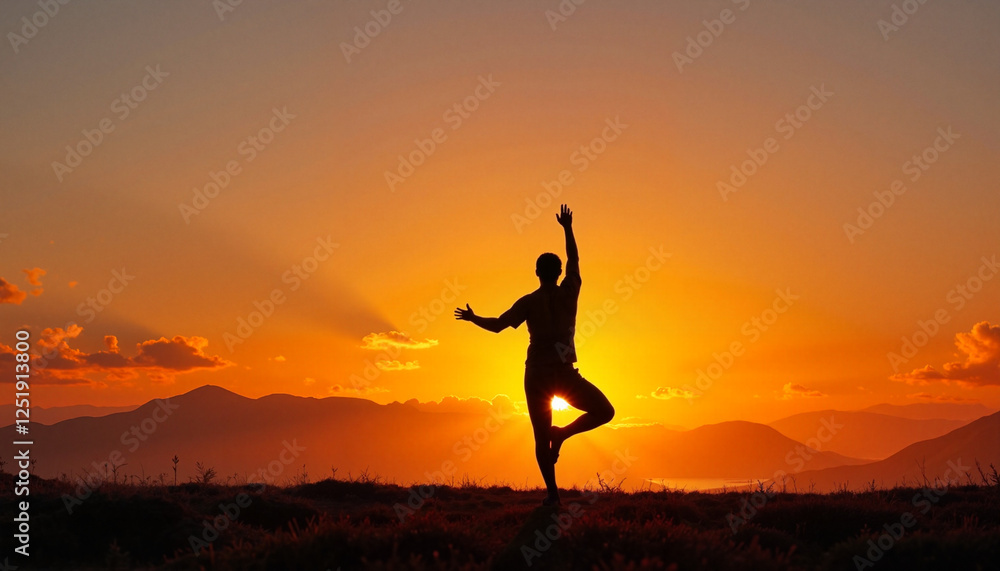 Yogi performing sun salutation at dawn, harmony with nature Yogi performing sun salutation at dawn, harmony with nature