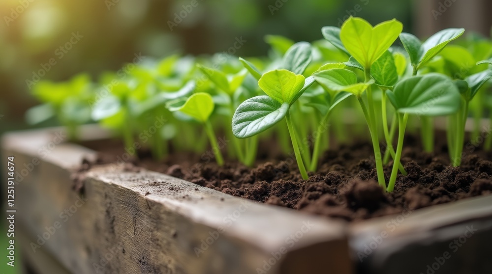 A close-up of a wooden planter box with soil and young plants, highlighting the textures of the wood and the freshness of the new growth A close-up of a wooden planter box with soil and young plants, highlighting the textures of the wood and the freshness of the new growth