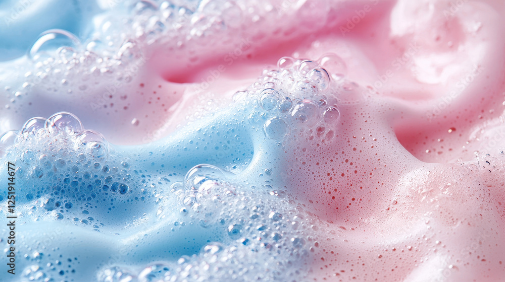 Fototapeta premium Close-up of gentle bath foam with soft pink and blue hues creating a relaxing spa atmosphere