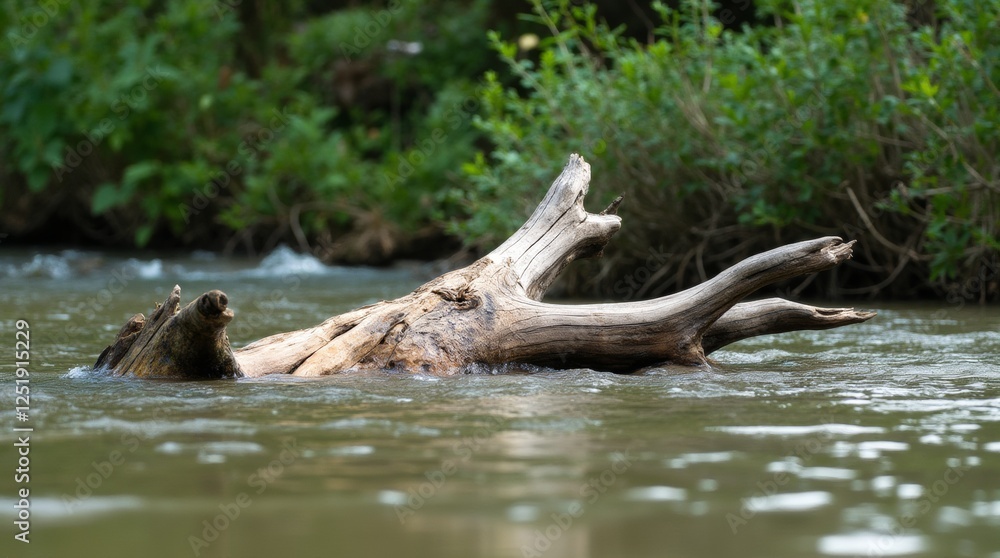 Fototapeta premium A piece of driftwood partially submerged in a gently flowing river