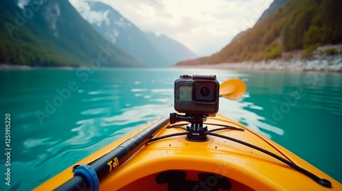 camera mounted on a kayak, capturing the thrilling experience of paddling through scenic waters