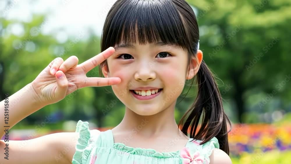 Joyful girl posing in park with playful peace sign smiles under sunny skies Joyful girl posing in park with playful peace sign smiles under sunny skies