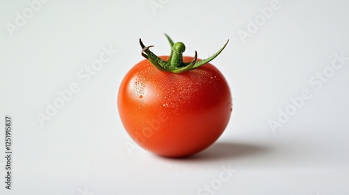 A vibrant red tomato, glistening with freshness, positioned on a clean white background, emphasizing its natural beauty and inviting a sense of health and vitality in cooking. photo