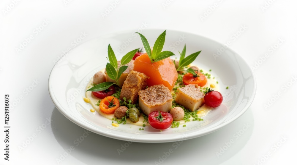 An artistic presentation of a gourmet dish with bright ingredients, elegantly arranged on a white plate against a clean background, focused on high-end dining. An artistic presentation of a gourmet dish with bright ingredients, elegantly arranged on a white plate against a clean background, focused on high-end dining.