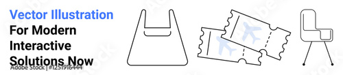 Minimalist shopping bag, travel tickets, and chair artwork emphasizing practicality, commerce, entertainment, and lifestyle. Ideal for retail, travel, seating design e-commerce marketing flat