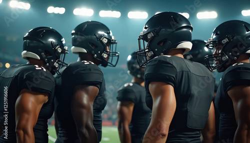 American football players huddle together on field. Helmets reflect stadium lights. Team in black uniform prepare for game, discuss strategy and tactics for victory championship. photo