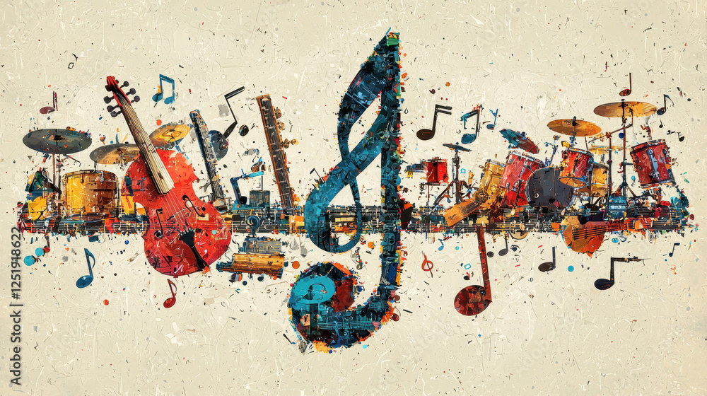 Obraz premium Collage of musical instruments creating a vibrant musical note in colorful design