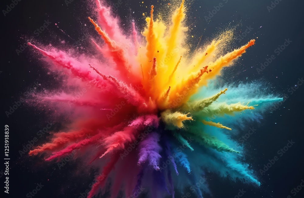 Fototapeta premium Realistic illustration of Holi color explosion. Paint powder fog spray. Smog dust cloud in multiple colors blue, yellow, green, red. Generative AI art for design, creative projects and backgrounds.