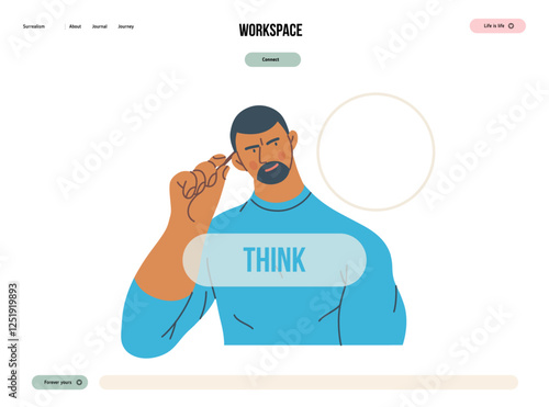 Thinking people, modern flat vector concept illustration- man standing thoughtfully, looking sideways, bubble near his head Metaphor for reflection, analysis, introspection, contemplation, deep