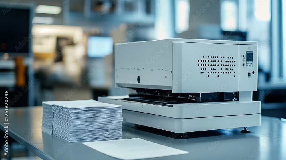 A Braille printer printing text, with paper sheets stacked nearby A Braille printer printing text, with paper sheets stacked nearby