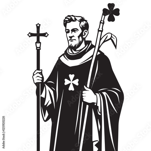 A stylized, black and white illustration of a saint, likely a religious figure like a bishop or shepherd, holding a staff - Saint Patrick’s Day 17 March