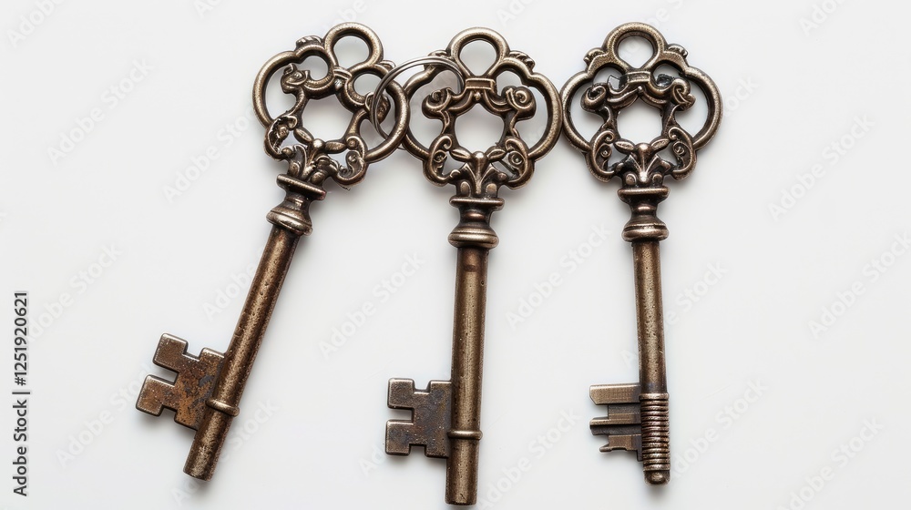 Three keys on a keychain against a white background Three keys on a keychain against a white background